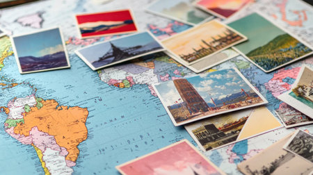 A collection of vintage postcards scattered over a colorful world map. This visually striking arrangement evokes nostalgia and highlights the spirit of exploration and travel.の素材