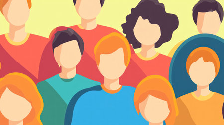 This colorful abstract illustration features a diverse group of people, emphasizing unity and togetherness through vibrant shapes and hues. Perfect for community-themed projects.の素材