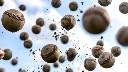 A dynamic scene featuring multiple baseballs falling from the sky against a backdrop of bright blue clouds. The composition evokes energy and movement.の素材