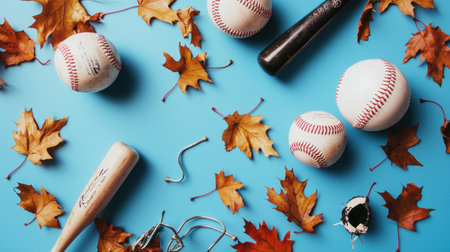 A vibrant flatlay composition featuring baseball equipment and autumn leaves on a striking blue background, perfect for capturing the essence of sport and seasonal change.の素材