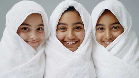 Three cheerful girls wrapped in soft white towels smile brightly in a serene indoor setting, showcasing warmth, friendship, and youthful joy through their vibrant expressions.の素材