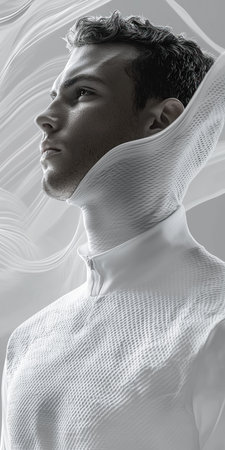 A striking portrait of a male model dressed in a white futuristic outfit, surrounded by flowing fabric elements. The image embodies elegance and innovation, highlighting a unique artistic expression.の素材