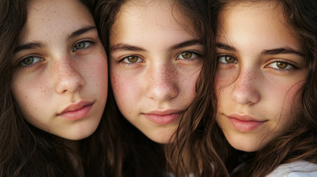 Captivating portrait of three young girls with freckles and brown hair, showcasing their natural beauty and innocence. The soft light enhances their charm and emotional connection.の素材