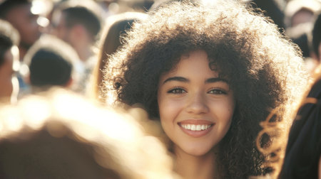A joyful young woman with curly hair smiles brightly amidst a lively crowd at an outdoor event, capturing a moment of happiness and connection in the vibrant atmosphere.の素材