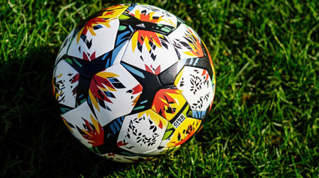 A vibrant soccer ball rests on a lush green grass field under bright sunlight, symbolizing the energy and joy of outdoor sports activity and teamwork.の素材