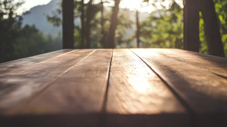 A wooden table stands in a serene forest, bathed in warm sunlight. The image captures a peaceful atmosphere, highlighting the natural beauty of the outdoors.の素材