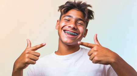 A joyful teenage boy with braces beams while giving a thumbs up, exuding positivity and a cheerful spirit. This engaging portrait captures youthful energy and confidence.の素材