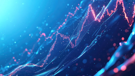 Vibrant abstract digital waveform illustrates dynamic movement with glowing particles. Perfect for technology, data visualization, and creative design projects.の素材