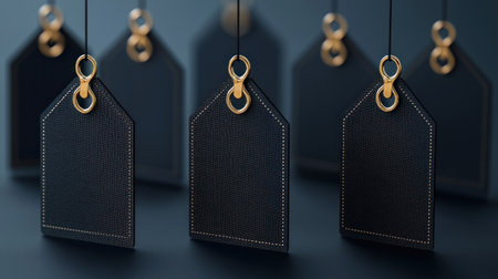 A series of elegant black price tags with gold loops, hanging against a dark backdrop, ideal for retail display purposes and marketing visuals.の素材