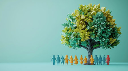 This artistic representation showcases colorful paper people standing together under a vibrant tree, symbolizing unity, growth, and community.の素材