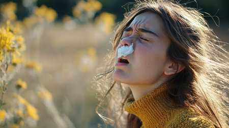 A young woman in a cozy sweater sneezes joyfully in a vibrant meadow filled with yellow flowers. The scene captures a lighthearted moment in nature.の素材