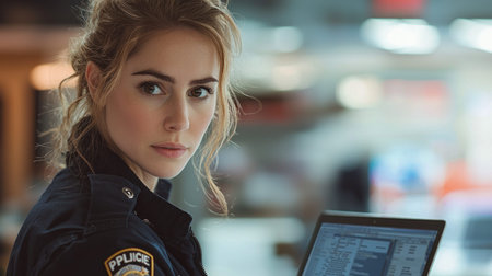 A determined female officer focuses on her computer in a police station, showcasing her commitment to service and professionalism in law enforcement.の素材
