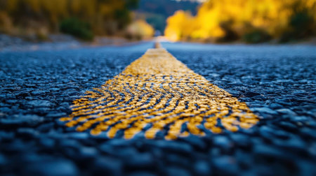 A close-up view of a yellow stripe on an asphalt road, surrounded by beautiful autumn scenery. The image captures the texture of the pavement under warm sunlight.の素材