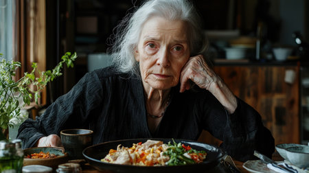 A reflective senior woman gazes thoughtfully at her meal of vegetables and rice. The warm kitchen environment highlights the beauty of age and contemplation during dining.の素材