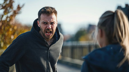 A heated argument unfolds between two individuals in an urban setting, capturing raw emotions and stress. The intensity of their confrontation highlights the challenges of communication in relationships.の素材
