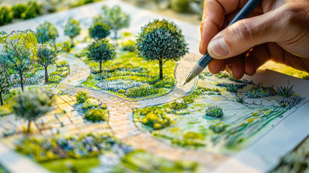 A hand sketching a colorful landscape design, showcasing plants and a winding pathway. The vibrant illustration captures the essence of nature.の素材