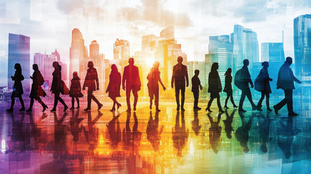 Dynamic silhouette of diverse individuals walking in an urban landscape at sunset, capturing the essence of modern professionalism and vibrant city life.の素材