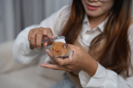 A Woman Gently Brushes a Hamster's Fur with a Soft Brush While Sitting Comfortably on a Sofa in a Cozy Indoor Settingの写真素材