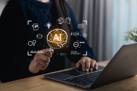 Person using magnifying glass, Engaging with Artificial Intelligence Concepts While Working on Laptop at Wooden Desk in Modern Indoor Workspaceの写真素材