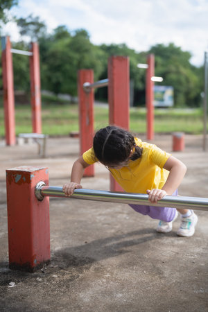 Asian Young Girl Performing Push-Ups in Outdoor Playground, Enhancing Strength and Fitness in...
