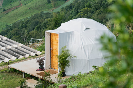 Cozy geodesic dome structure on hillside with wooden door surrounded by greenery and plants in a tranquil outdoor setting for eco-friendly livingの写真素材