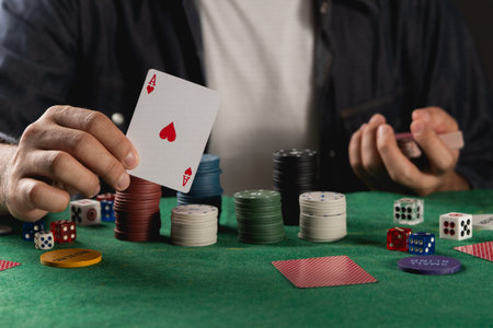 Intense Poker Game Scene Featuring a Player Holding an Ace of Hearts Card Surrounded by Colorful...