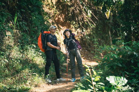 Enthusiastic hikers exploring a lush trail together in a vibrant forest, sharing an adventurous spirit and enjoying nature's beauty during a sunny dayの写真素材