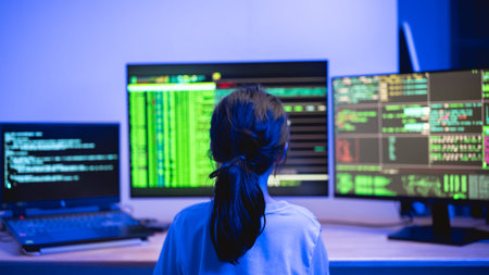 Young person engaging with multiple computer screens displaying code and data analysis in a dimly...