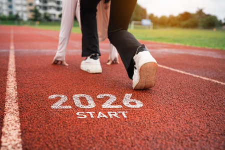 Close-Up of Athletes Preparing to Start Race on Track in a Sunny Day with Focus on Footwear and...