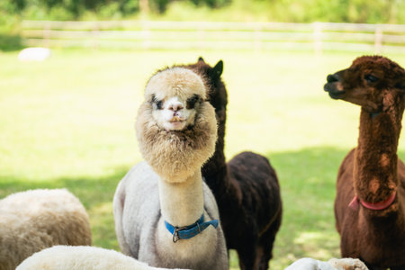 Playful alpacas in a sunny field displaying unique fluffy coats and charming expressions, showcasing the beauty of nature and farm life in a serene settingの写真素材