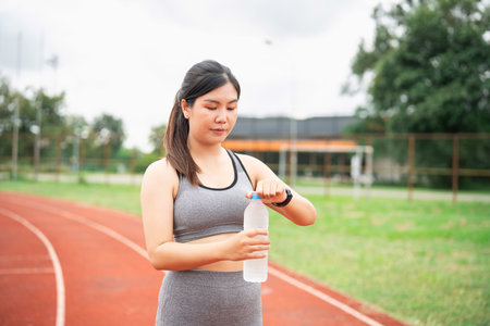 Young woman preparing to drink water from a bottle at outdoor athletic track during sunny day with green grass and blurred backgroundの写真素材