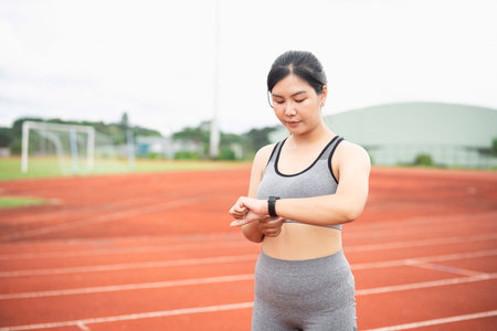 Young athletic woman checking fitness watch on track field, wearing sports bra and leggings, focused on workout performance, outdoor exercise, healthy lifestyleの写真素材