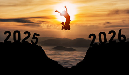 Person leaps joyfully between two years, representing transition and new beginnings, with a stunning...