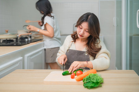 Young woman preparing fresh vegetables in modern kitchen with another person cooking in background, healthy cooking and culinary art conceptの写真素材