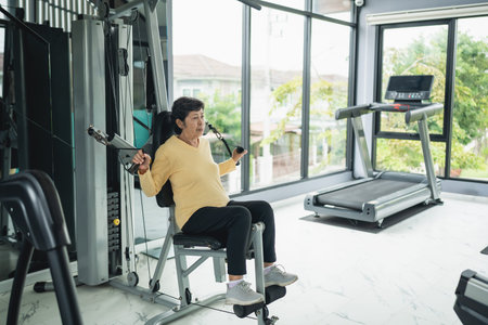 Elderly Woman Performing Strength Training Exercise in Modern Gym Environment with Natural Light...