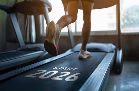 Happy new year, Motivational Fitness Journey in a Gym Setting with Treadmill and Goal to Start