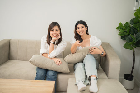 Two Young Women Enjoying Leisure Time on Couch with Remote Control, Smiling and Watching Television...
