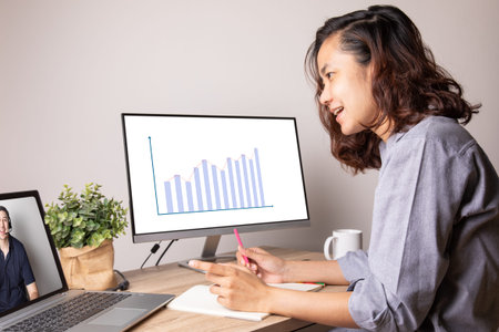 Concept photo of telemeeting conference for business woman talking with client or team showing...