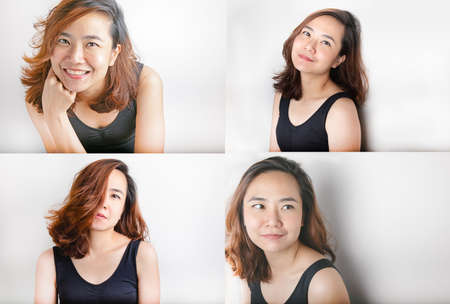 Photo sets of Close up face of beautiful asian woman model with about 30 years old on black vest shows freshness and lively from her bright eyes, white teeth and tan color skin on white background.の写真素材
