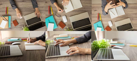 Group or set photos of top view of business table with hands typing on laptop keyboard with pens, notebooks, business card bag, on table to connect with others in the digital technology world.の写真素材