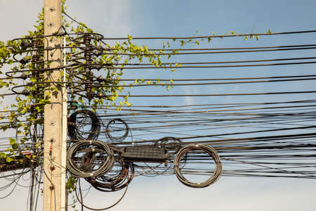 Close up and front view shot of electrical concrete pole and cables that are messy and entangled with climber tree shows danger situation in Thailand and asian countries that accident might occur.の写真素材