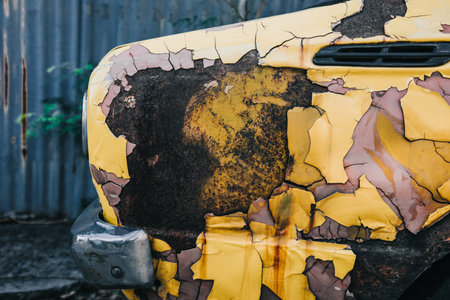 close up shot of grunge and peeling off paint yellow retro sport car which was abandoned in the...
