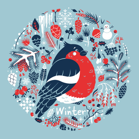 Winter medallion with a cute bullfinchのイラスト素材