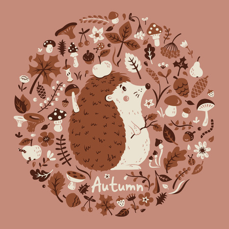 Autumn medallion with a cute hedgehogのイラスト素材