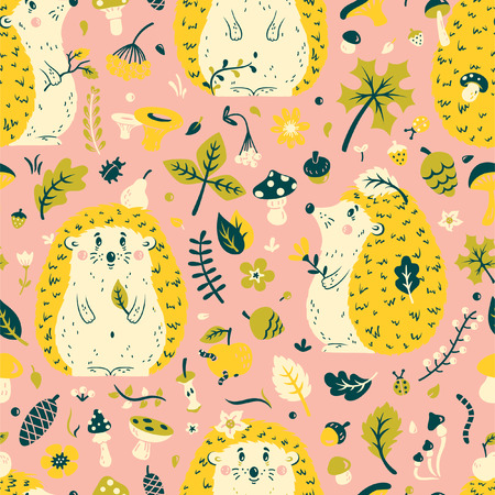 Seamless pattern with a cute hedgehog among the leaves, cones, berries, flowers and mushrooms. Vector illustration for textiles, cards, decorations, wallpaperのイラスト素材