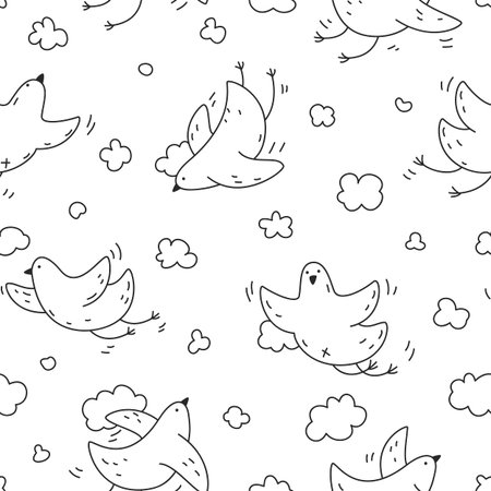 Seamless pattern with cute birds soaring in the clouds. For fabric, postcards, prints, posters, covers, wallpaperのイラスト素材
