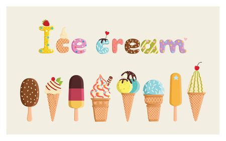Set of multicolored cute ice cream. For postcards, prints, posters, decorations, labels, cloth.のイラスト素材