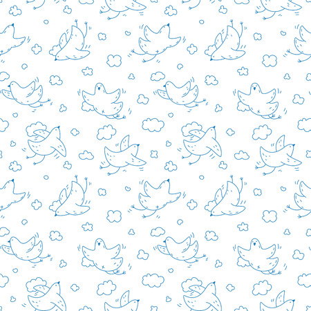 Seamless pattern with cute birds soaring in the clouds. For fabric, postcards, prints, posters, covers, wallpaperのイラスト素材