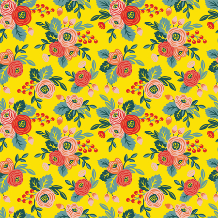 Floral seamless pattern on a yellow background. For wallpaper, fabrics, decorations, prints, designsのイラスト素材