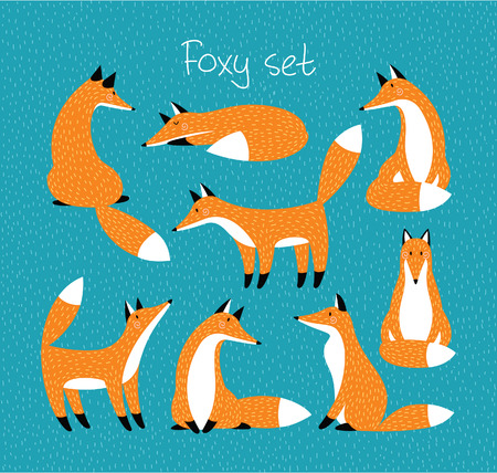 Set with cute red foxes. For postcards, prints, designs, stickersのイラスト素材